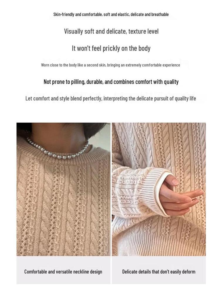 Women's 2025 Autumn Winter 100% Wool Round Neck Hollow Out Long Sleeve Loose Short Sweater Coat