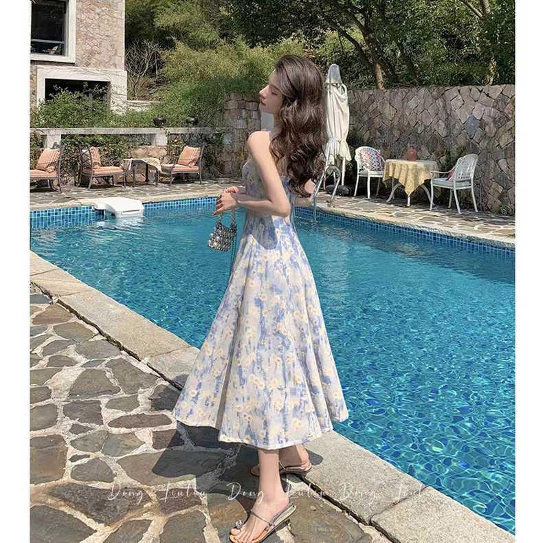 French Blue Floral Strappy Maxi Dress - Elegant Summer Beachwear