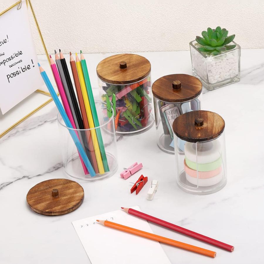 2/4 szt. Pojemnik/Dozownik na waciki, patyczki kosmetyczne, nić dentystyczną 10 oz, 12 oz Przezroczyste pudełko do przechowywania Słoiki apteczne z bambusowymi pokrywkami