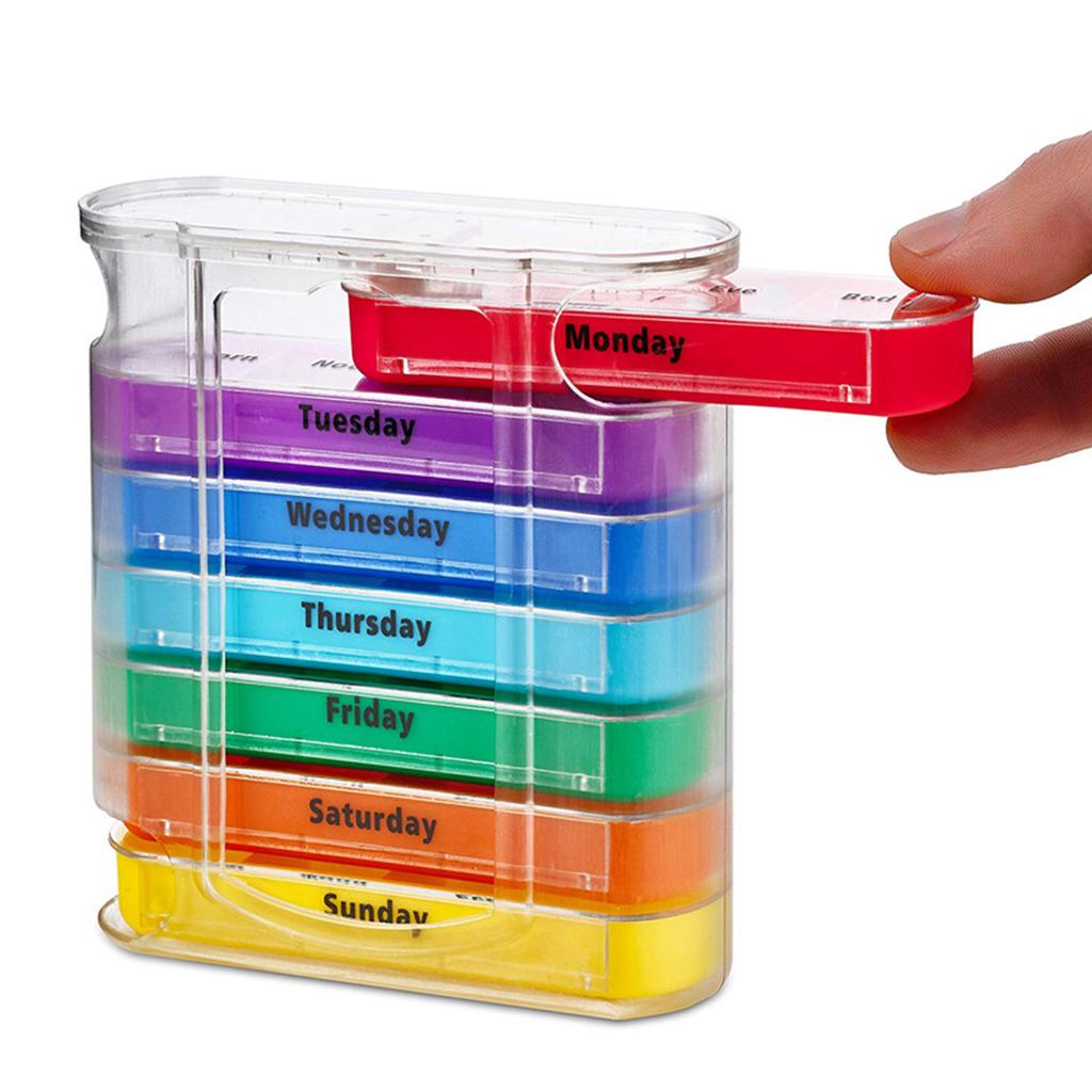 Scatola per pillole da 7 giorni alla settimana. Cassetto portatile per riporre le pillole. Custodia per dispenser per compresse medicinali con 28 griglie