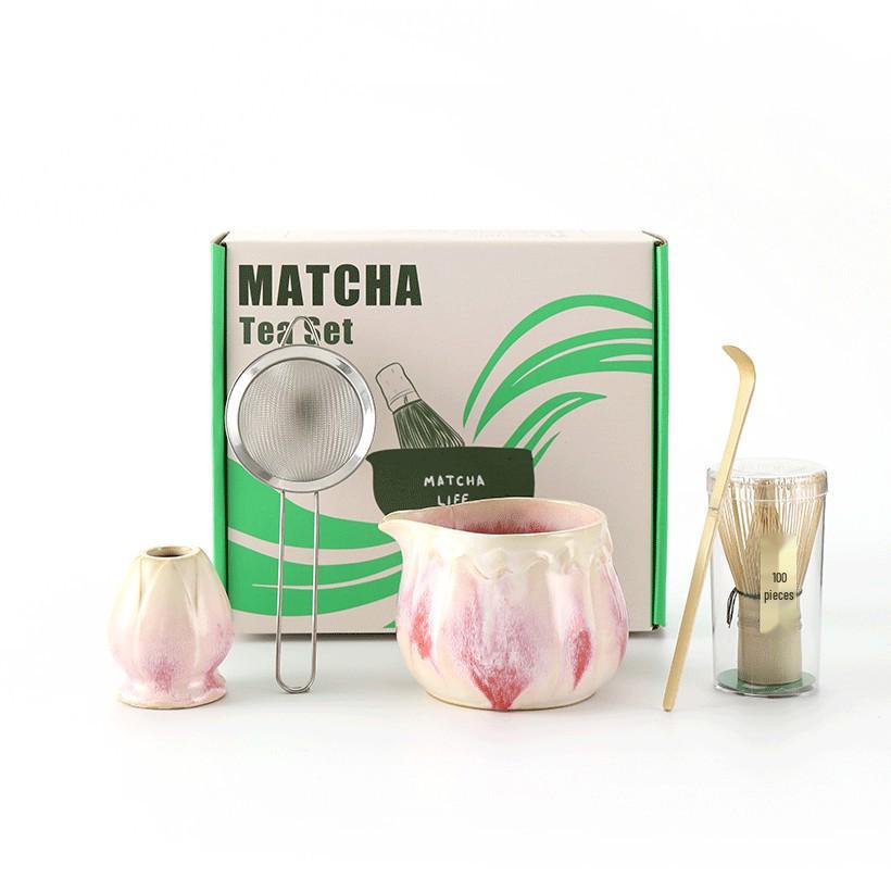 Ceramic Japanese Matcha Tea Ceremony Set with Hundred-Pronged Whisk, Holder, and Brush
