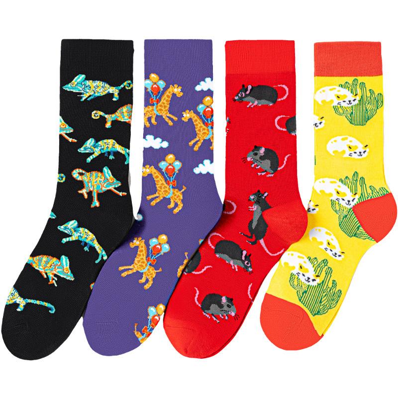 Funny Animal Cotton Crew Socks Colorful Novelty Cartoon Giraffe Dog Pattern Happy Casual Socks For Men Women
