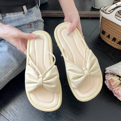 2023 New Women's Bowknot One-word Mop with A Round Head and Thick Bottom Beach Sandals Are Simple and Fashionable