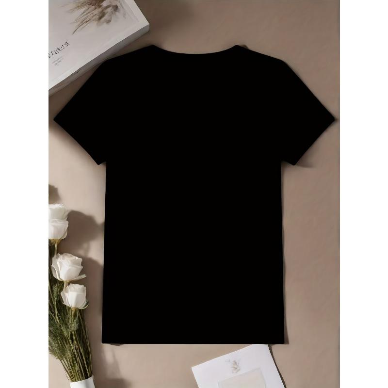 Women Black Tee Minimalist Love Heart Color Block Print Round Neck Short Sleeve Relaxed Fit Casual Top