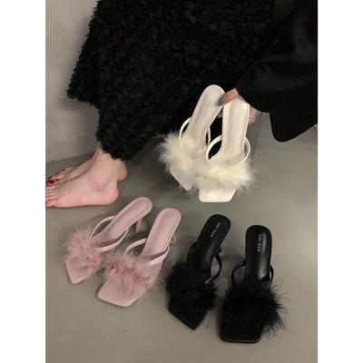 Fairy Style Black Sandals Year Summer French High Heels Fluffy Slippers Women's Shoes Outside