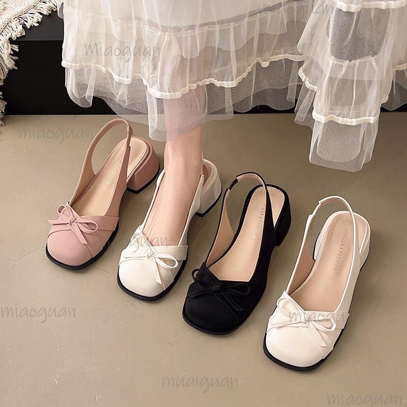 Fashion Spring Summer New Sweet Square Head Thick Heel Butterfly Knot Sandals Women Satin Mid Heel Pumps Elegant Shoes Comfortable