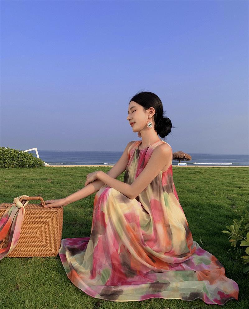 High-End Ombre Halter Sleeveless Long Dress - Elegant Beach Vacation Style