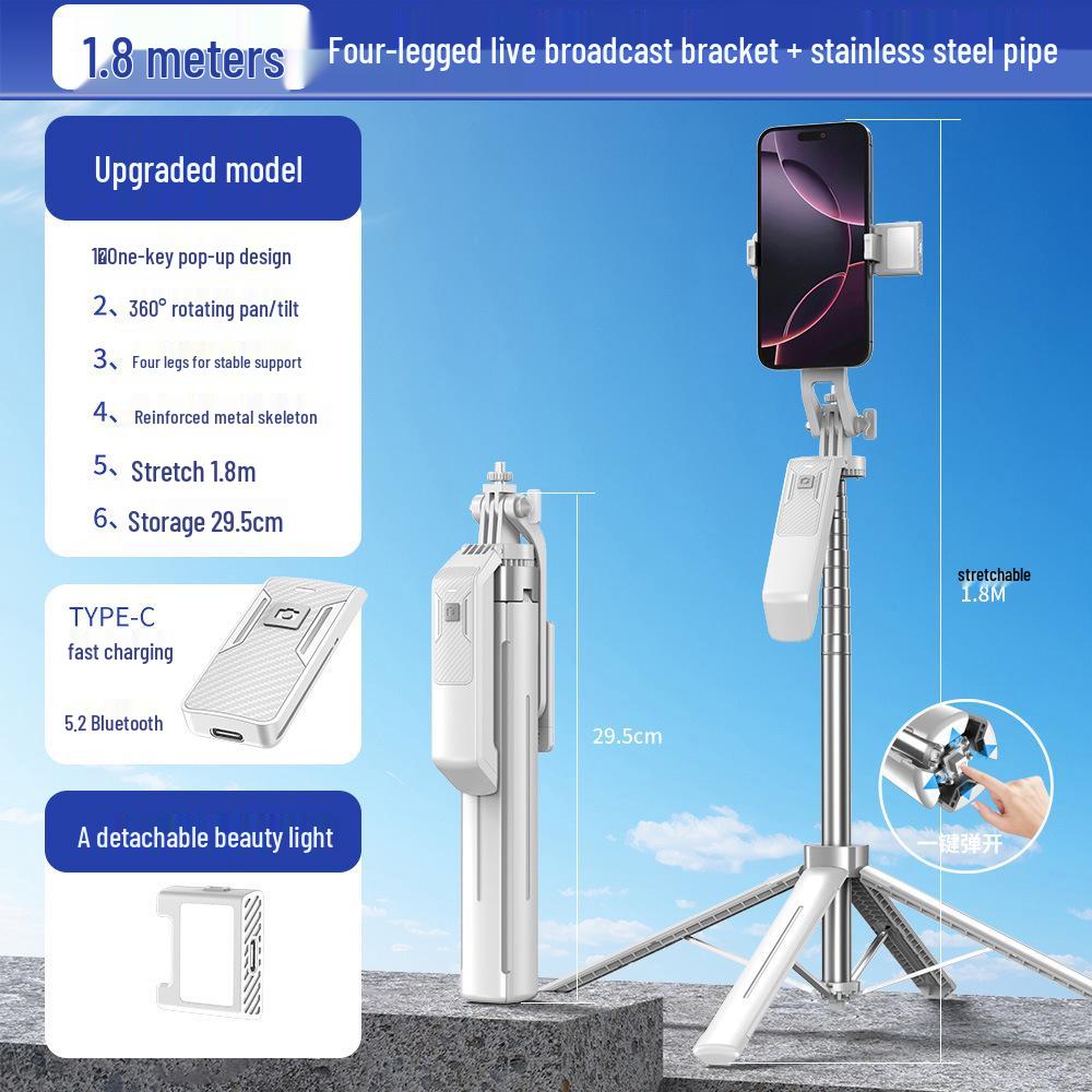 1.8m Aluminum Alloy Selfie Stick with Bluetooth Remote and Phone Holder for Live Streaming
