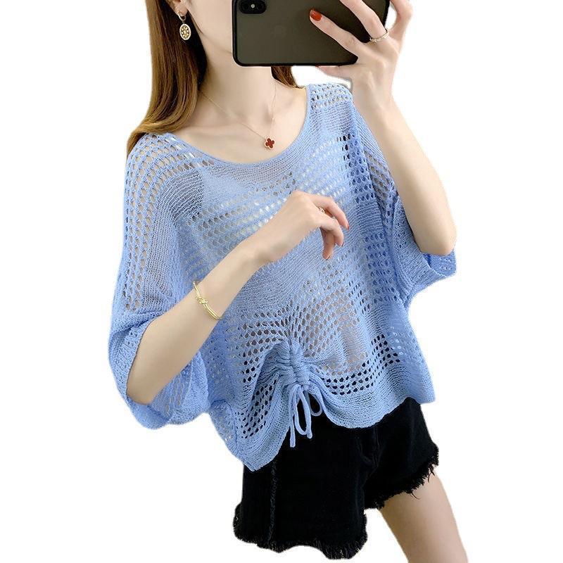 Hollow top knitted sweater women's summer bat-sleeved blouse loose short drawstring mesh shirt with suspenders