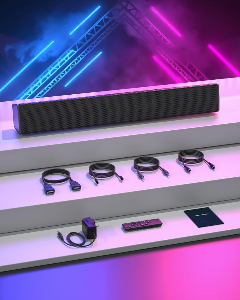 Erasiny Soundbar for TVs, Bluetooth Compatible, 3 EQ Modes for Music, Games, and Movies, USB Playback, AUX, Optical Digital, and HDMI (ARC) Supported
