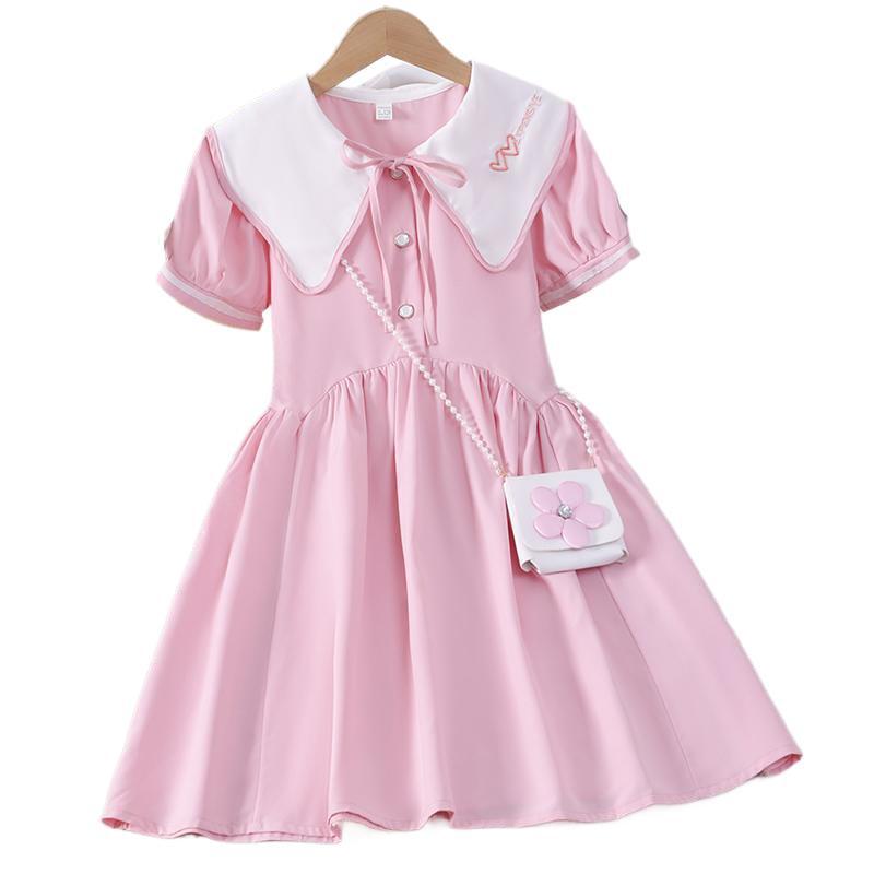 Girls Korean Short Sleeve Dress with Peter Pan Collar Summer Princess Dress for Big Kids