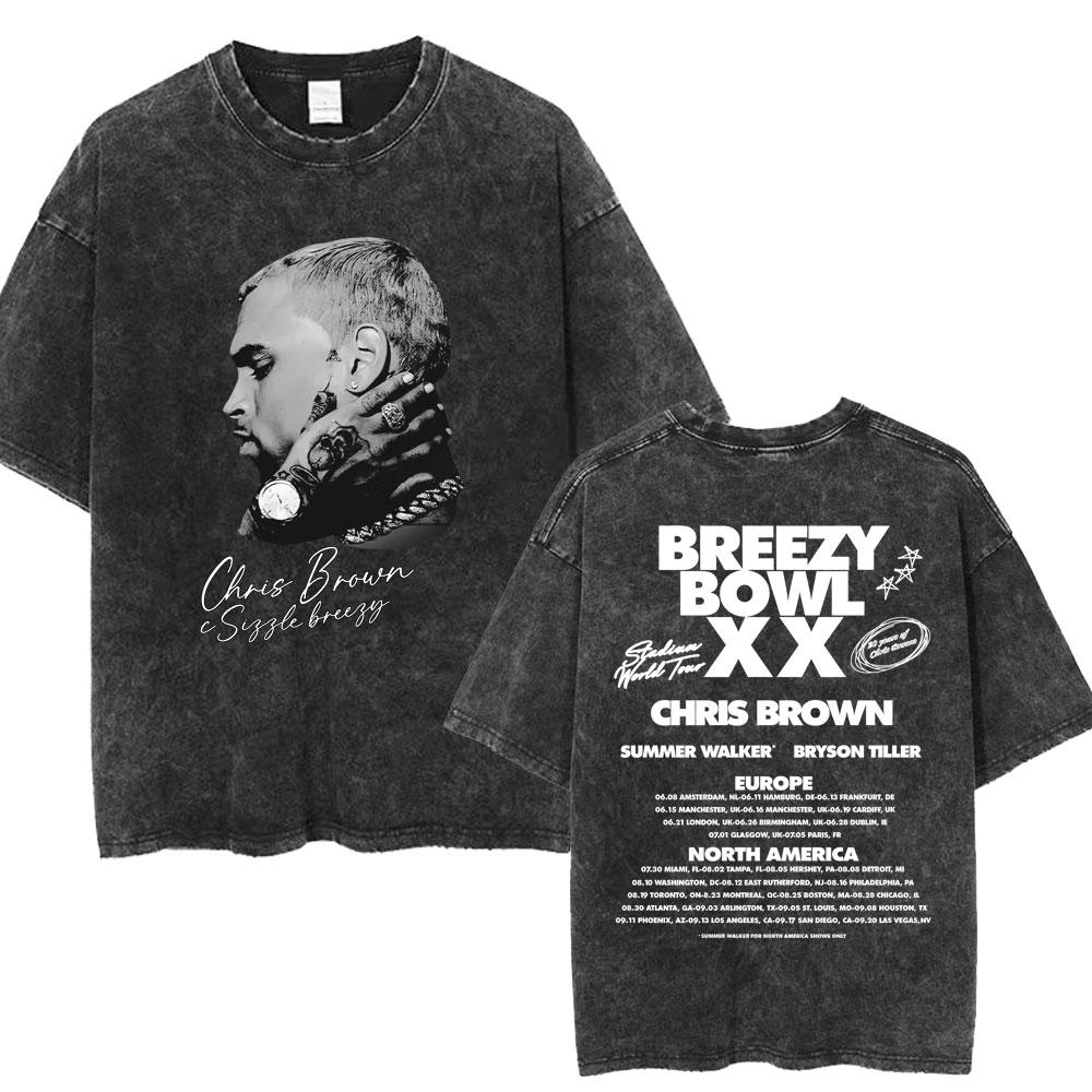 

Chris Brown Breezy Bowl XX Concert Tour Washed T Shirts Vintage Hip Hop Gothic T Shirt Mens Oversized Cotton Tshirt Streetwear S