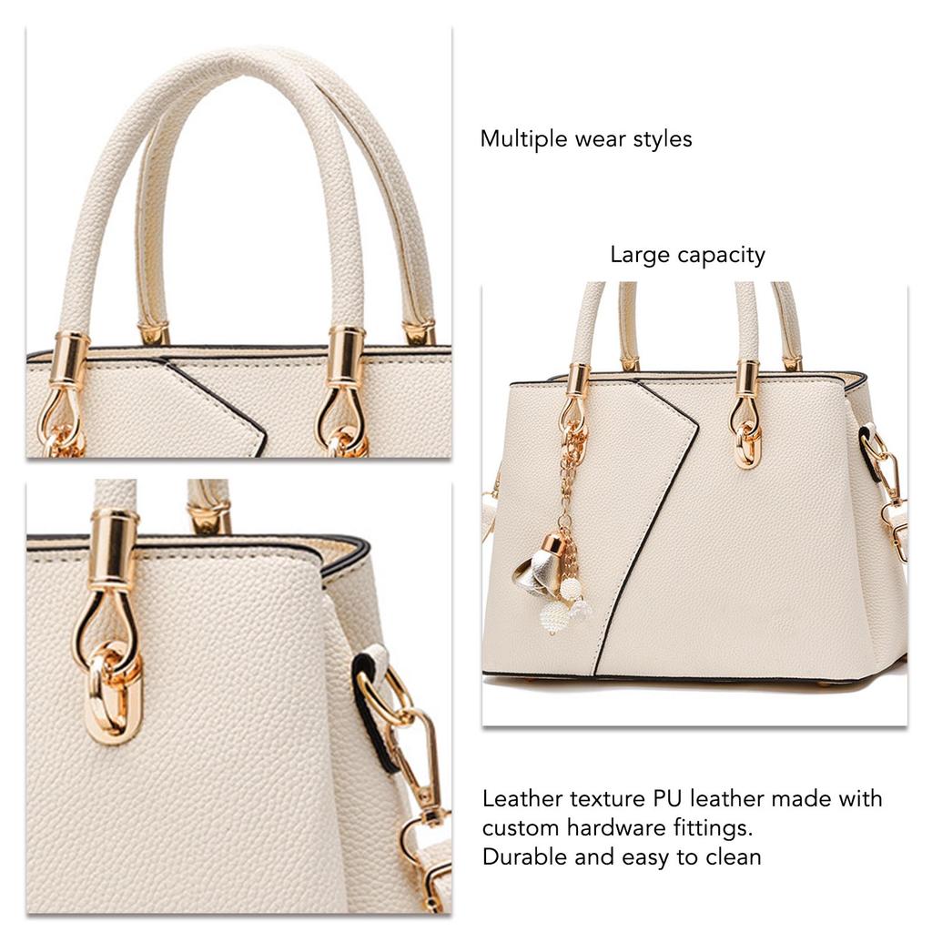Women Handbag PU Litchi Texture Large Capacity Shoulder Bag for Travel Shopping Party White One Size
