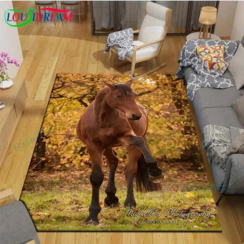 3D Realistic Horse Print Area Rug – Non-Slip Large Carpet for Living Room or Kids Bedroom – Artistic Home Decor Floor Mat