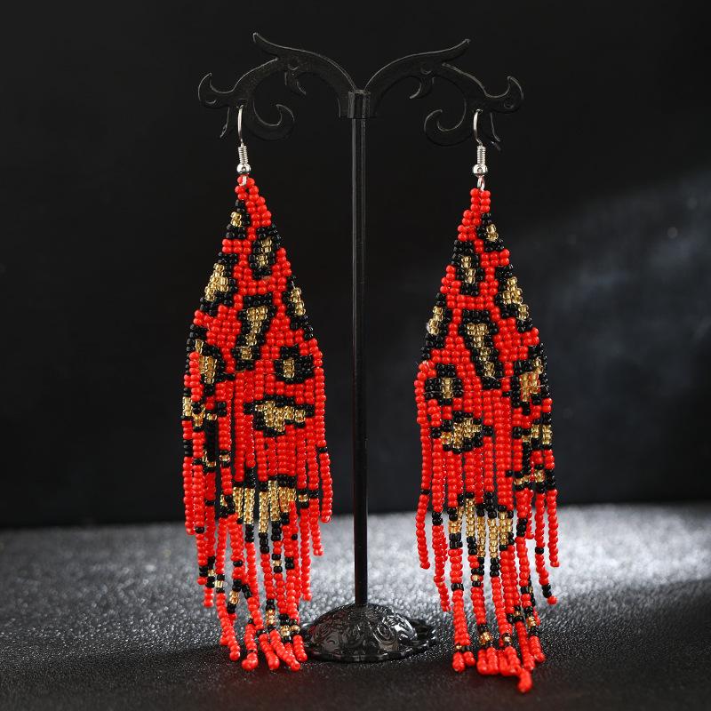 Popular Handmade Rice Beads Leopard Print Series Fringed Earrings Women's Personality Temperament Long Earrings Bohemian Tide