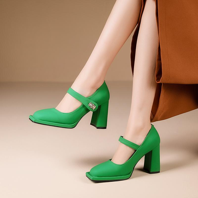 Silný podpatek Single Dámské Boty Jarní Square Head Plochý knoflík Měkká podrážka Mary Jane Dámské Boty Zapatos Para Mujeres