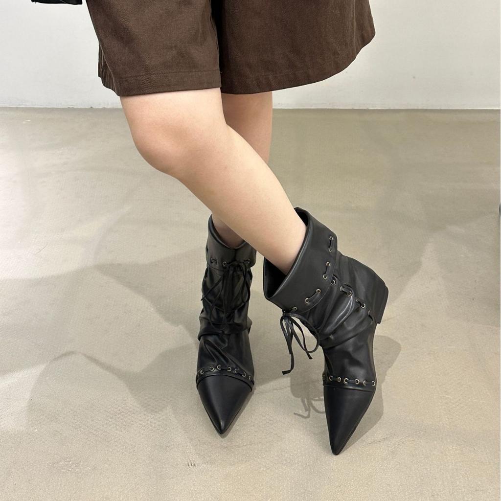 Inner Heightening Suede Pointed Lace-up Short Boots Women's 2025 Autumn and Winter New Korean Version of Western Cowboy Boots Sleeve Fashion Boots