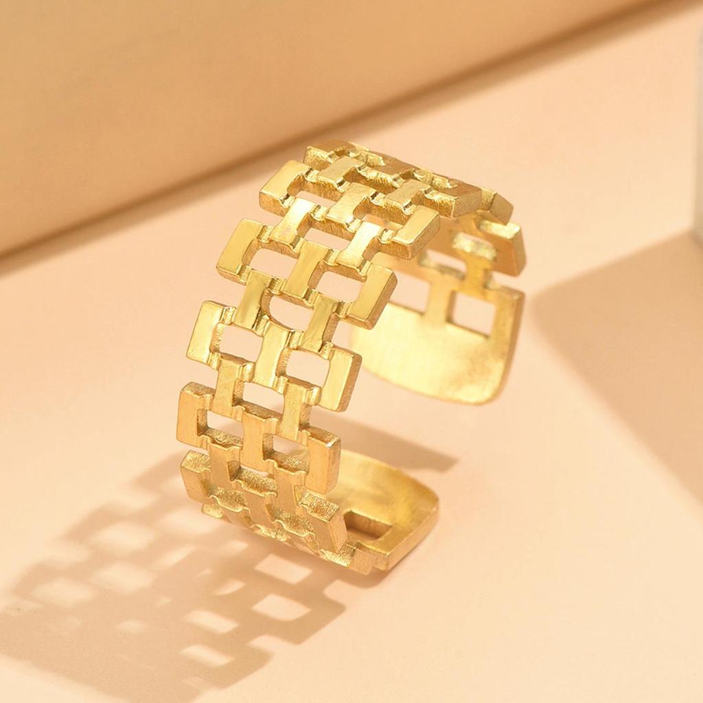 French Retro Double Row Open Square Chain Stainless Steel Ring - Women's Versatile Dress Accessory