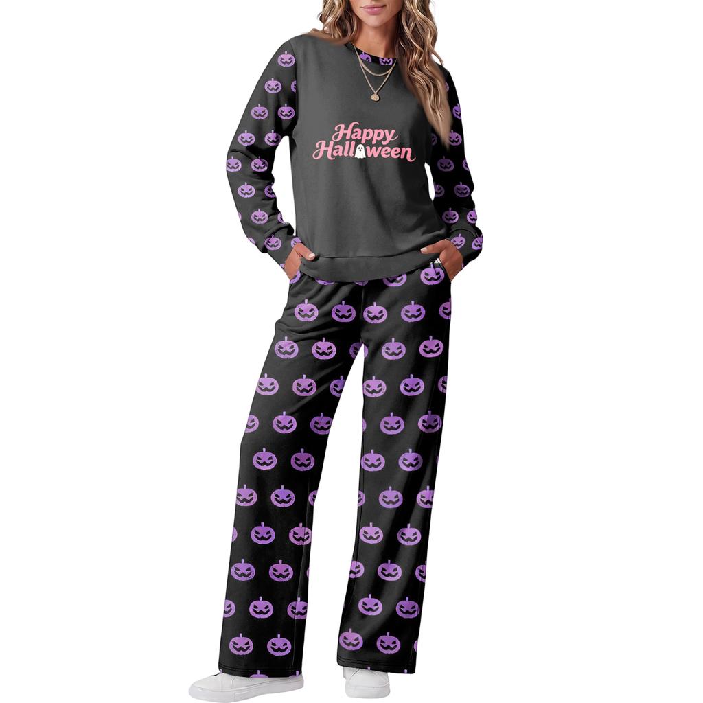 Women's Halloween Print Hoodie and Jogger Pants Set, Round Neck Loose Fit Casual Sweatsuit