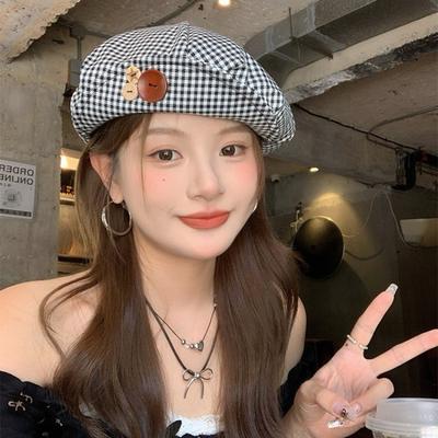 Autumn New Niche Button Plaid Beret Female Face Small Cloud Painter Hat Trendy High Sense