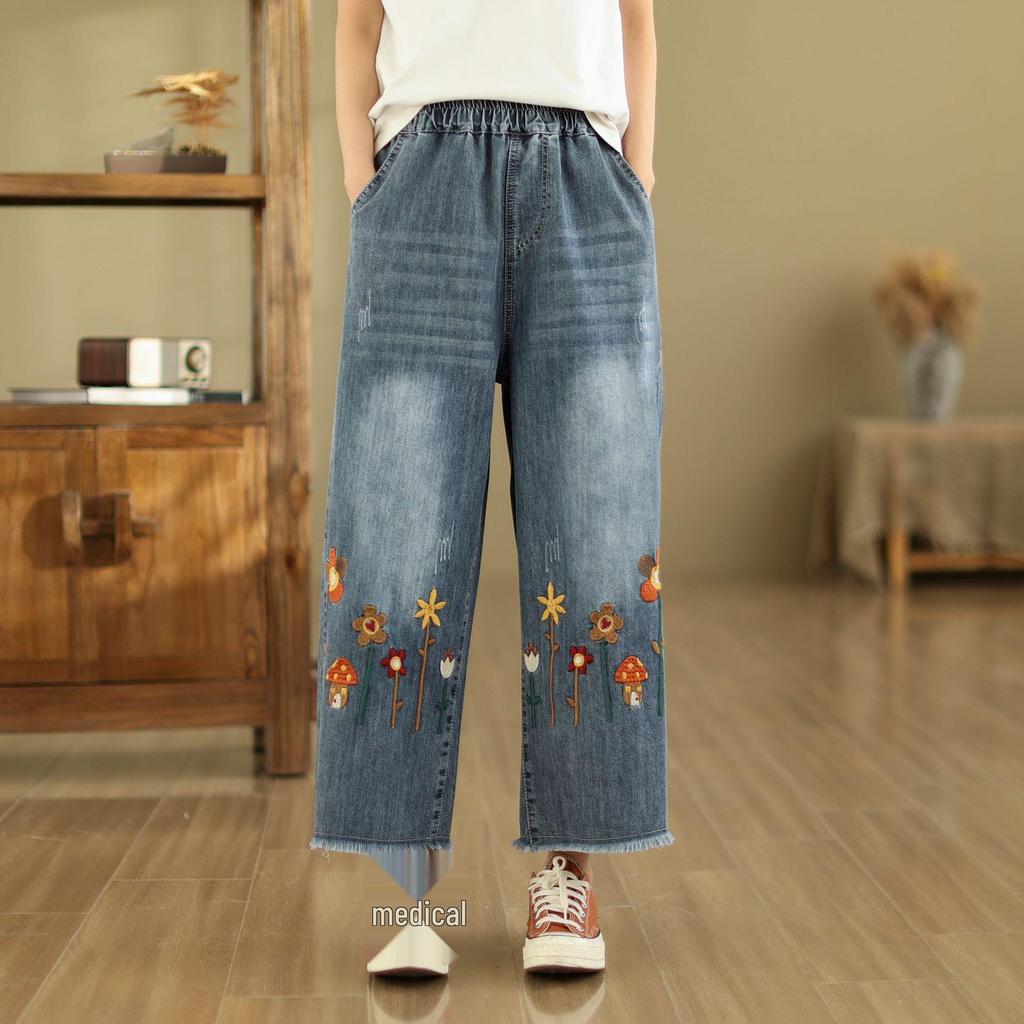 Women's High-Waist Wide-Leg Embroidered Jeans - Loose Fit, Raw Edge, Nine-Point Cotton, Plus Size, Casual Spring/Summer Pants