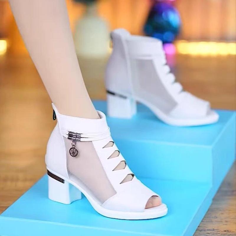 Women's Fish Mouth Sandals Summer Mesh Breathable Coarse Heel Women Short Boots Party Career Sexy High Heels Pumps Zapatos Mujer