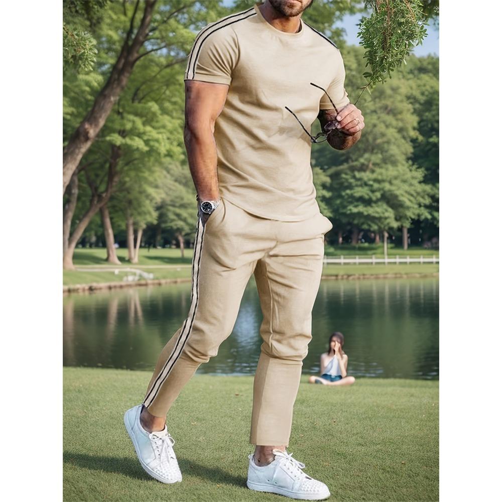 Simple Striped Printed Men's Casual Long Pants Set, Outdoor Street Fashion Trendy Men's Top And Casual Long Pants
