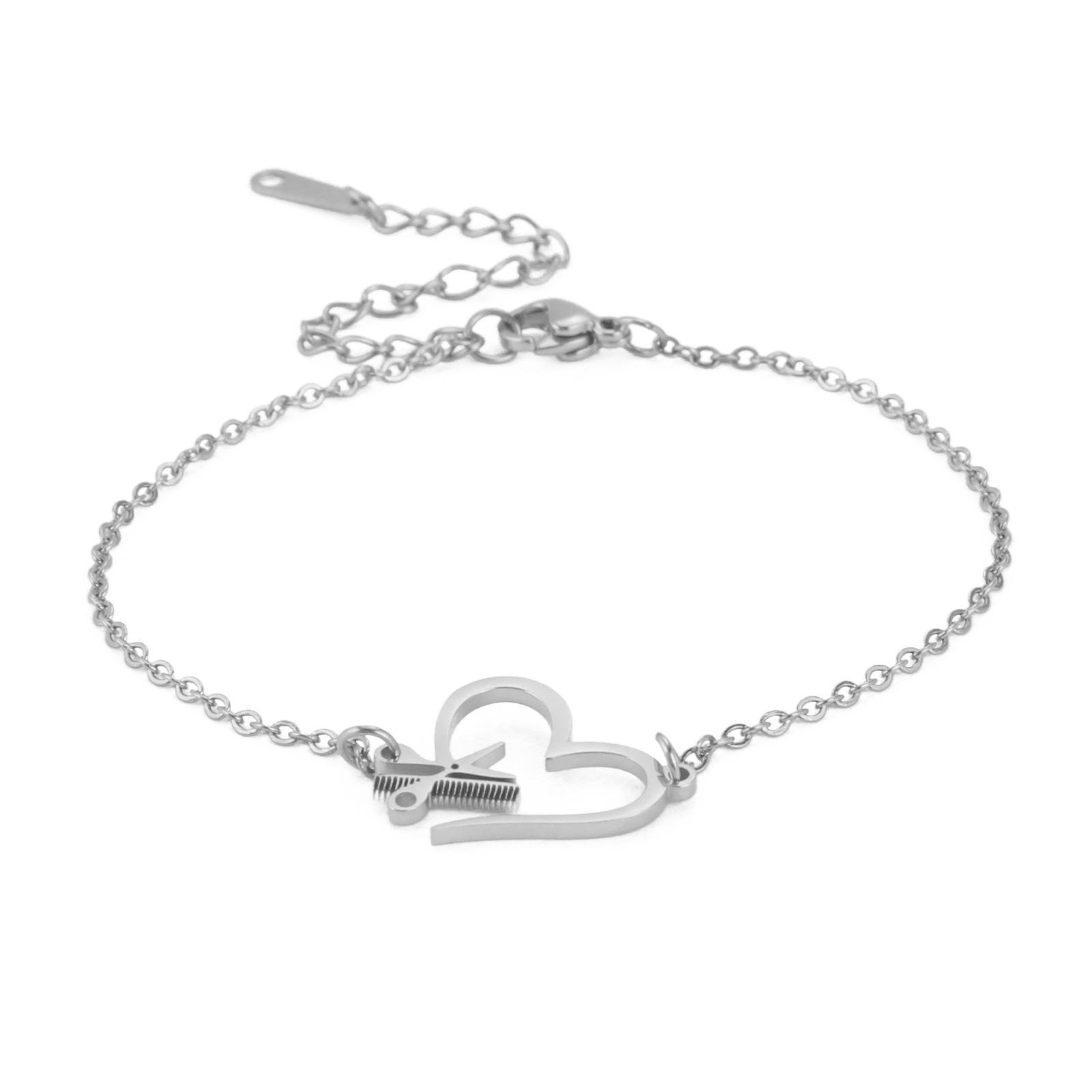 Браслет из нержавеющей стали с расческой в форме сердца и ножницами Браслет из нержавеющей стали с подвеской в виде сердца Женский браслет из нержавеющей стали