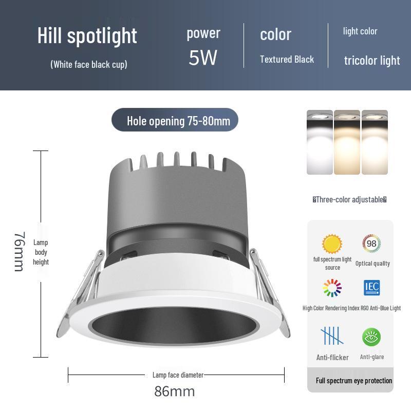 Small Hill Anti-Glare LED Recessed Ceiling Spotlight for Living Room, Home, or Commercial Use - 75 Downlight