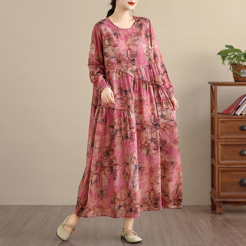 DIMANAF New 2026 Women Plus Size Spring Summer Vintage Long Dress Loose Oversize Long Sleeve Maxi Floral Print
