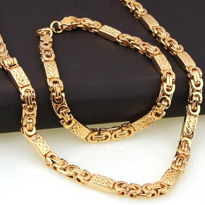 Fashion Men Women 6mm Gold Stainless Steel Lat Byzantine Chain Necklace Bracelet Jewelry Sets