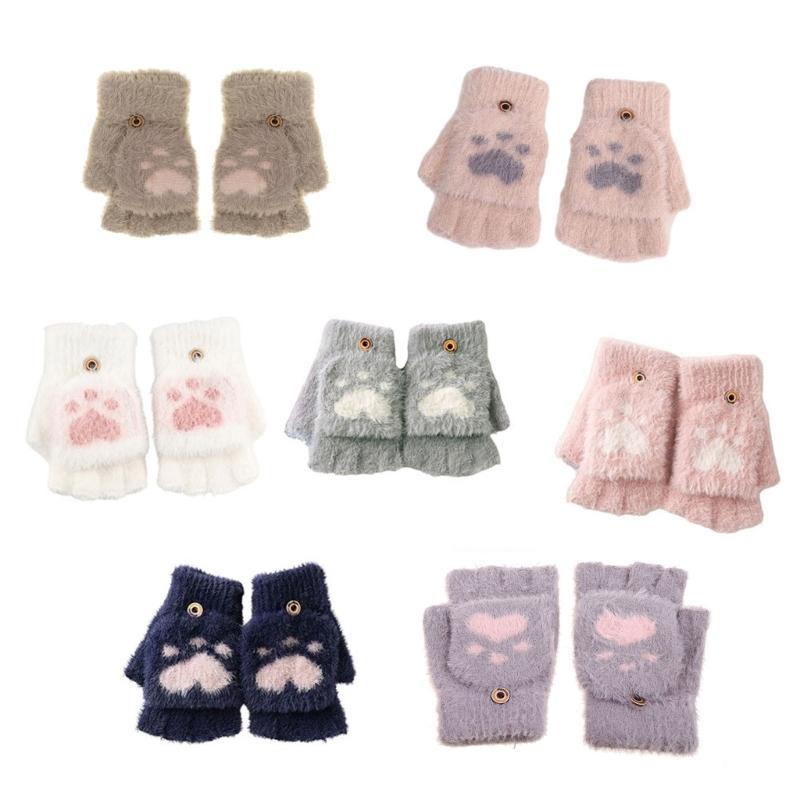 Cartoon Plush Cats Paw Fingerless Mittens with Flip Top Winter Knitted Gloves Stretchy Soft Mitten Elastic Warm Mitte