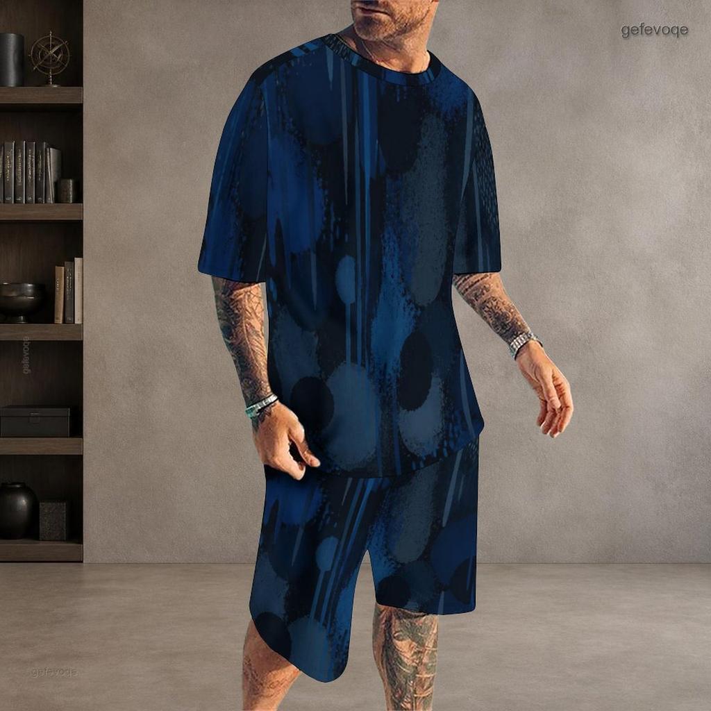 Men Plus Size Dark Blue Printed Round Neck Short Sleeve Top And Shorts Two Piece Set