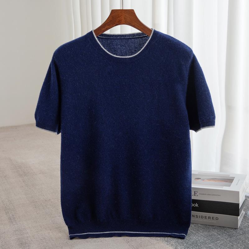 

Men s 100% Australian Wool Color Block Round Neck T-shirt - Casual Loose Fit, Short Sleeve, Spring/Autumn Cashmere Base Layer. XXL