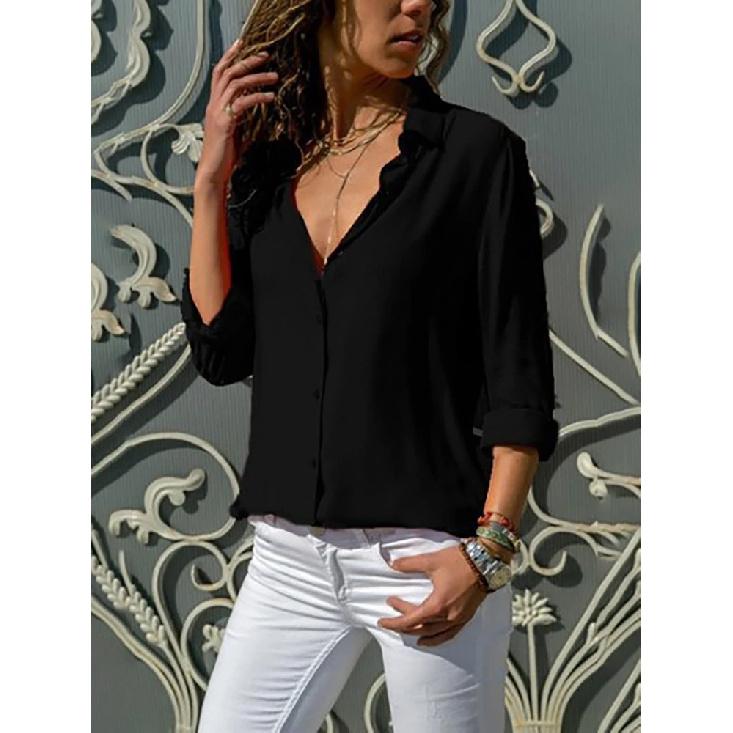 Damen Elegante Einfarbige Chiffonbluse Frühling Sommer Lässig Langarm V-Ausschnitt Locker geschnittenes Hemd Büro Dame Tuniken Übergroße Oberteile 2026