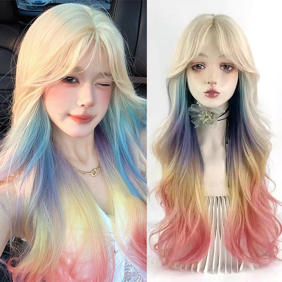 Synthetic Red Ombre Black Color Lolita Long Straight Wigs With Bangs Daily Party Cosplay Wig For Women