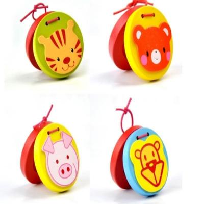 1Pcs Wooden Musical Instrument Cartoon Round Animal Castanets Children's Enlightenment Puzzle Random