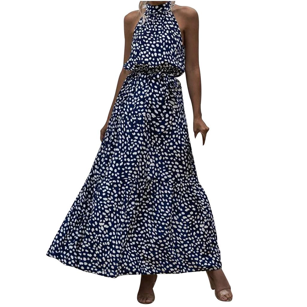 Women's Summer Fashion Polka Dot Printed Hanging Neck Tie Dress Long Sleeveless Floral Printed Dress