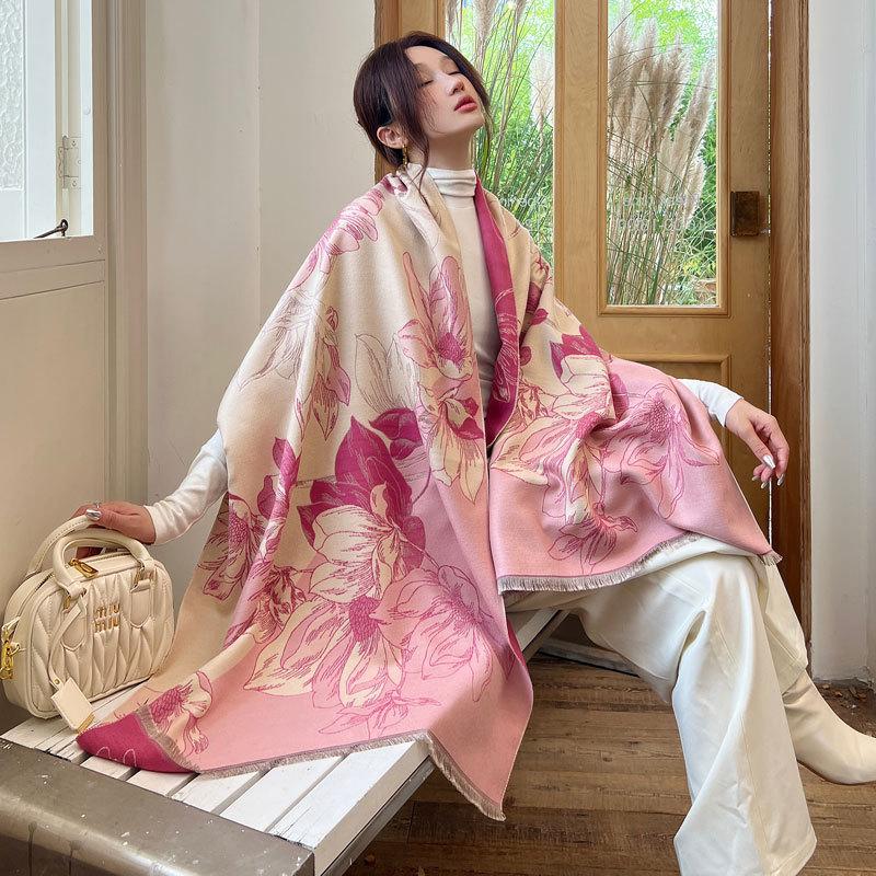 Autumn and winter scarf women's magnolia floral imitation cashmere jacquard shawl high-end scarf thickened warm scarf