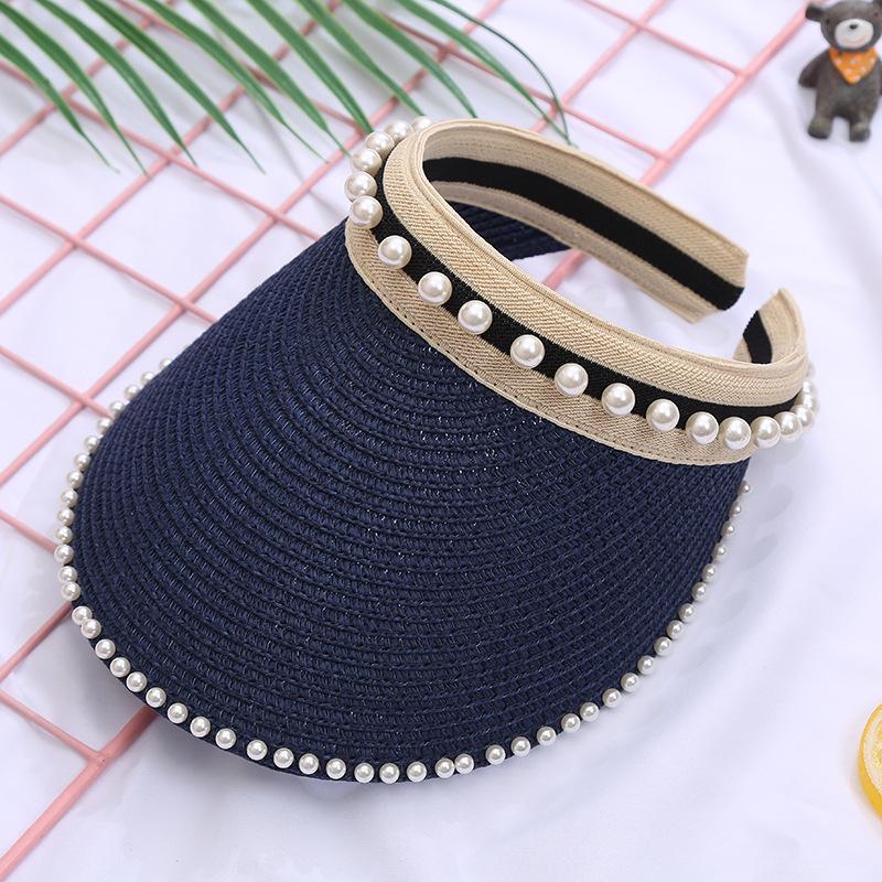 Empty Top Straw Hat Women'S Summer Sun Protection Hat Pearl Headband Hat Outdoor Sports Travel Fashion Sun Hat