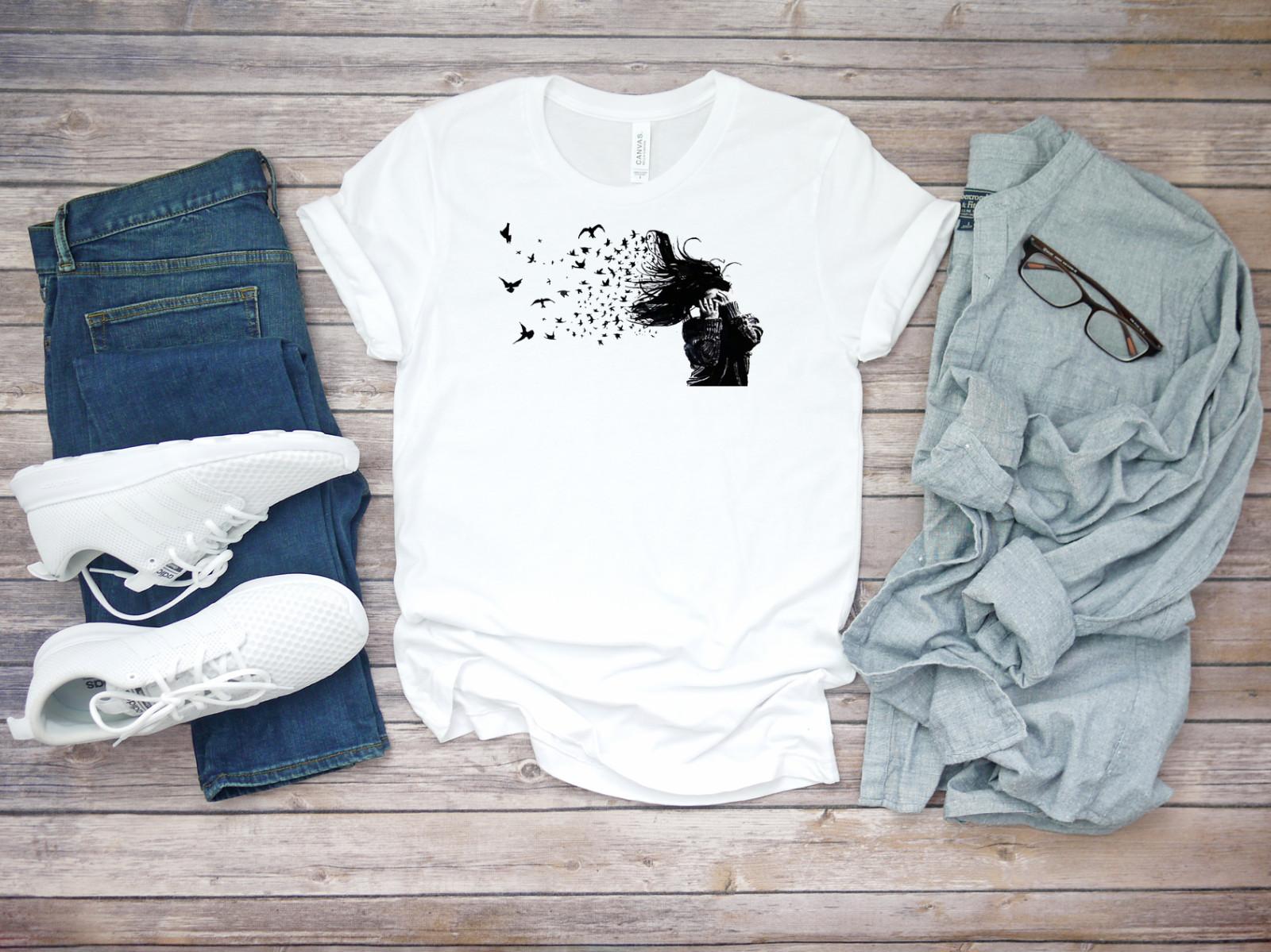 Black Birds Drawings Flying Short Sleeve White Men T-shirt C054 M