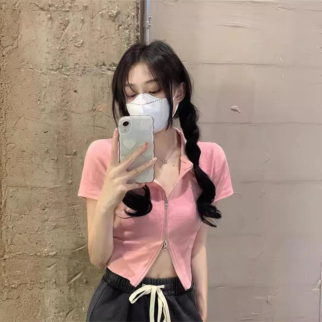 Women Zip Up Polo Cropped T-Shirt Short Sleeve Slim Y2K Crop Top Casual Streetwear Tee S-M-L-XL
