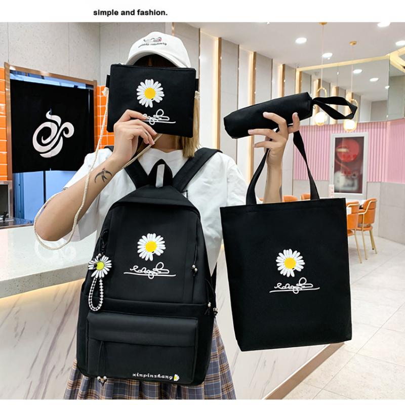 School Opening Must Have Small Daisy Printed Backpack Large Capacity Student Canvas Book Bag Korean Version Girl Four-piece Knapsack Set