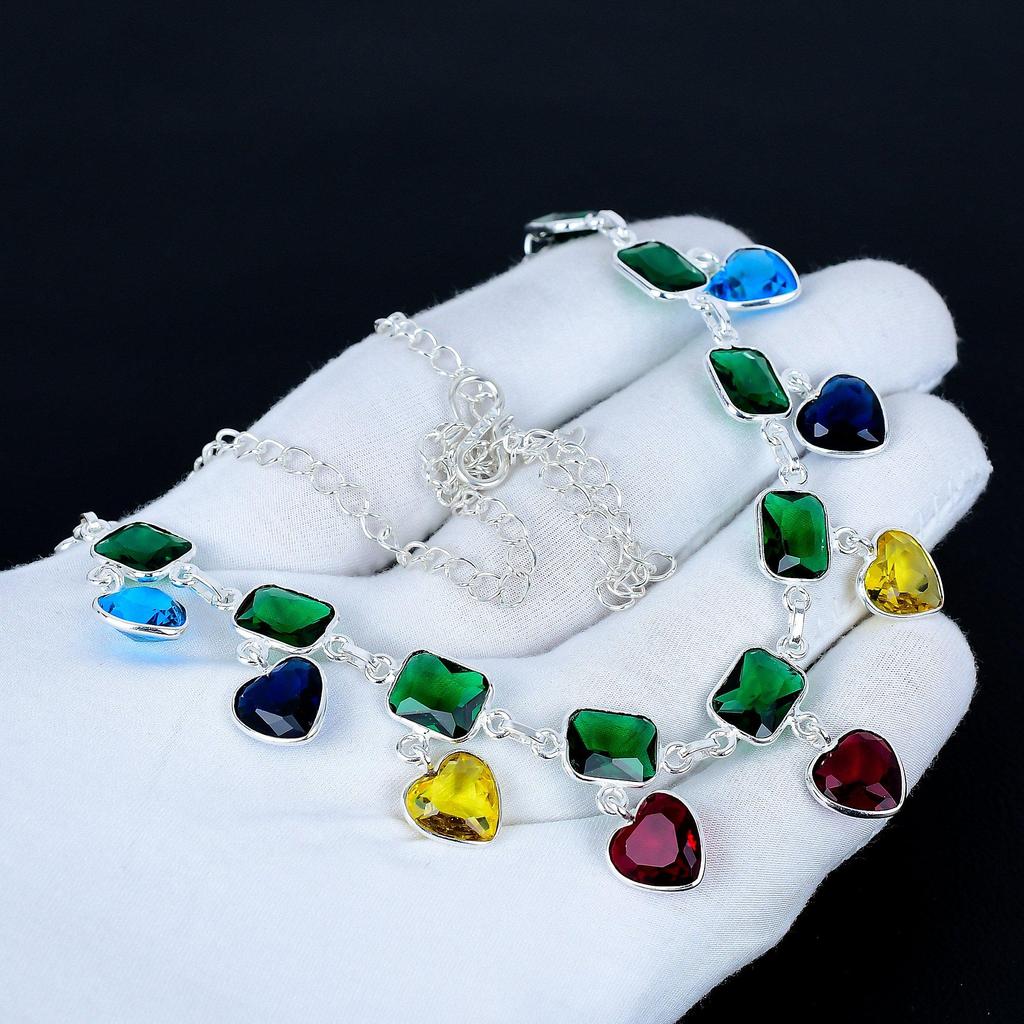 Multi Tourmaline Heart Gemstone Necklace 925 Sterling Silver Necklace Multi Tourmaline Necklace Bohemian Handmade Silver Necklace Gift For Wadding