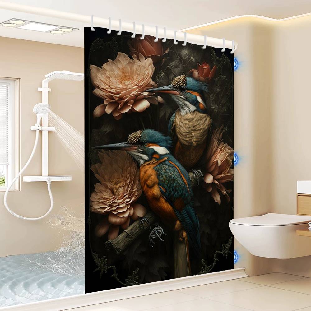 Vintage Birds In Jungle Flowers Canvas Painting Simple Bathroom Shower Curtain Partition Dry Can Be Scrubable Light Opaque Bath
