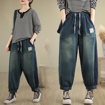Literarische und künstlerische Damenhosen in Übergröße Herbst und Winter Einfache lässige Denim-Haremshose Pumphose für Damen mit mittlerer Taille