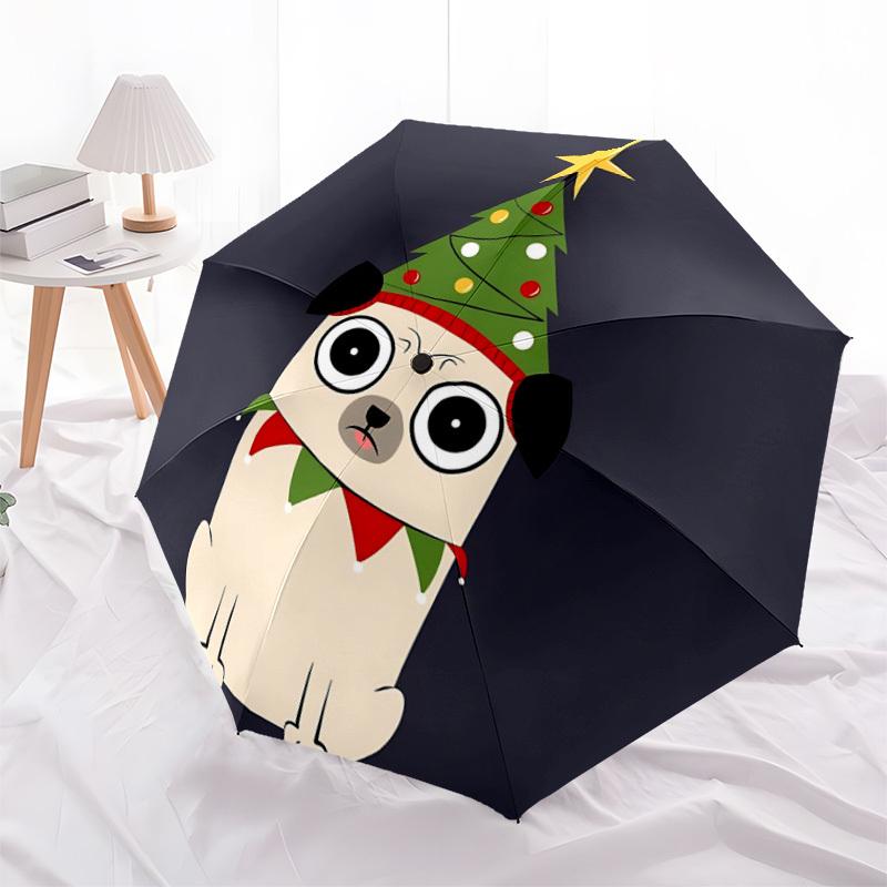 1pc Christmas Pug Automatic Folding Umbrella - Compact 8-Rib Design, Durable Plastic & Iron, Lightweight for Outdoor Daily Use217