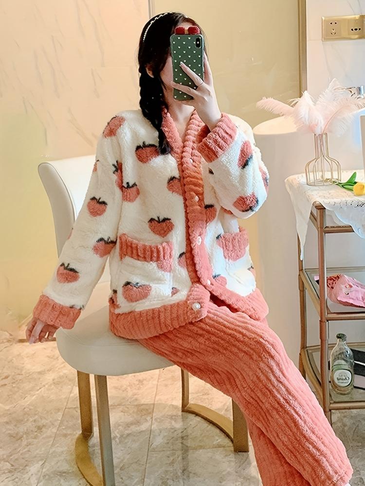 Süßes Pyjama-Set aus geripptem Fleece mit Erdbeer-Print, gemütliches und warmes Langarm-Oberteil mit V-Ausschnitt und elastischer Hose, Nachtwäsche und Loungewear für Damen