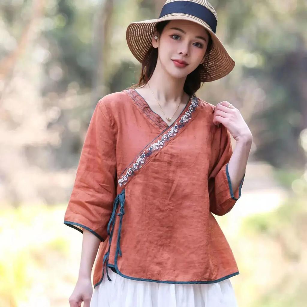 Women's Summer Embroidery Sunscreen Ethnic Small Shirt Vintage Tie Loose V-Neck Tops