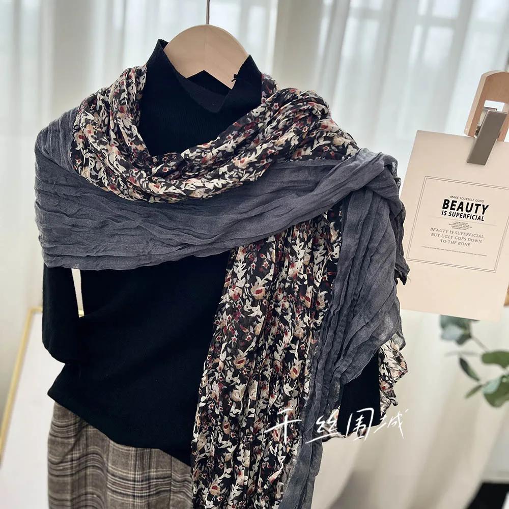 Vreovor Spring Autumn Thin Floral Scarf Women'S New Vintage Japanese Cotton Hemp Texture Silk Summer Sunscreen Headscarf Beach